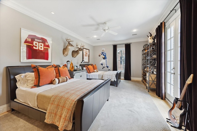 24 Farnham Park Dr, Houston, TX 77024 - bedroom with baseboards, ornamental molding, recessed lighting, and ceiling fan