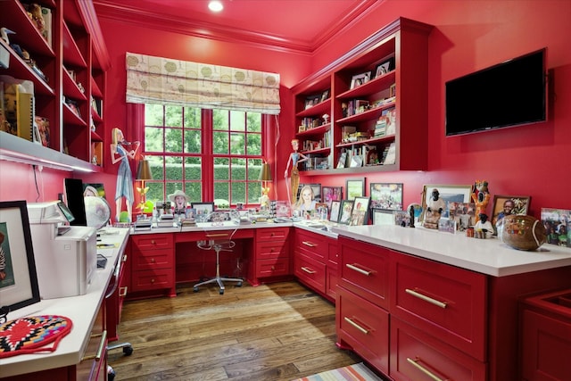24 Farnham Park Dr, Houston, TX 77024 - office space with built in desk, ornamental molding, and light wood-style flooring