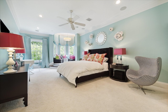 24 Farnham Park Dr, Houston, TX 77024 - bedroom featuring carpet flooring, crown molding, recessed lighting, a ceiling fan, and baseboards