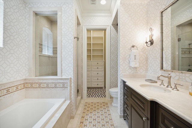 24 Farnham Park Dr, Houston, TX 77024 - full bathroom with crown molding, a garden tub, toilet, a shower stall, and vanity