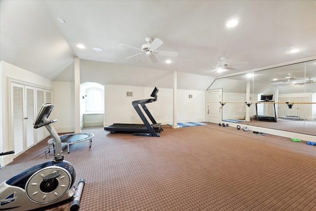 24 Farnham Park Dr, Houston, TX 77024 - exercise area with lofted ceiling, ceiling fan, baseboards, and recessed lighting