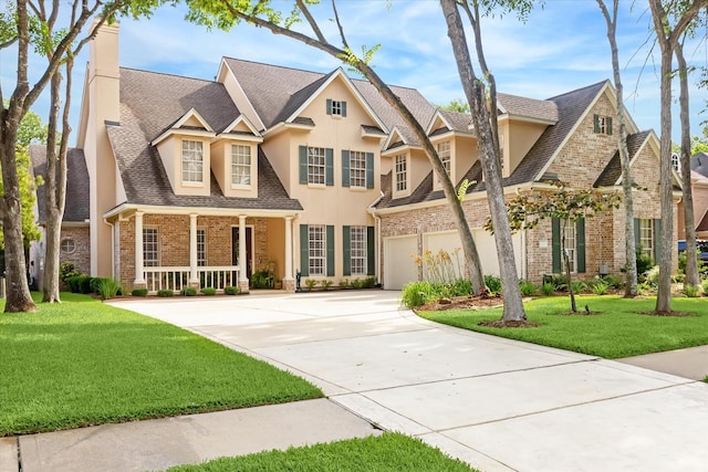 7215 Timberlake Dr, Sugar Land, TX 77479 - view of front of house with concrete driveway, brick siding, a chimney, stucco siding, and a front yard