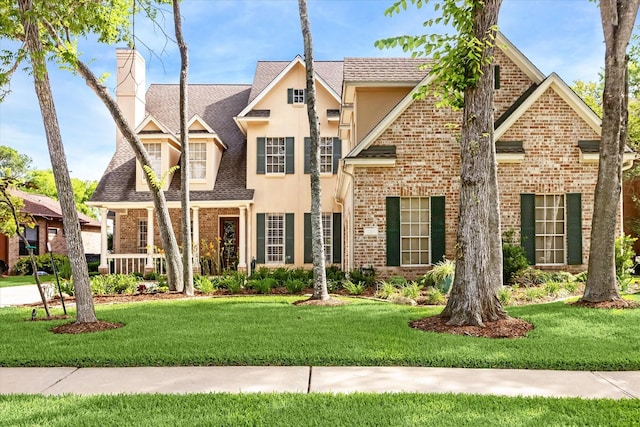 7215 Timberlake Dr, Sugar Land, TX 77479 - view of front of property featuring stucco siding, a front lawn, brick siding, a chimney, and roof with shingles