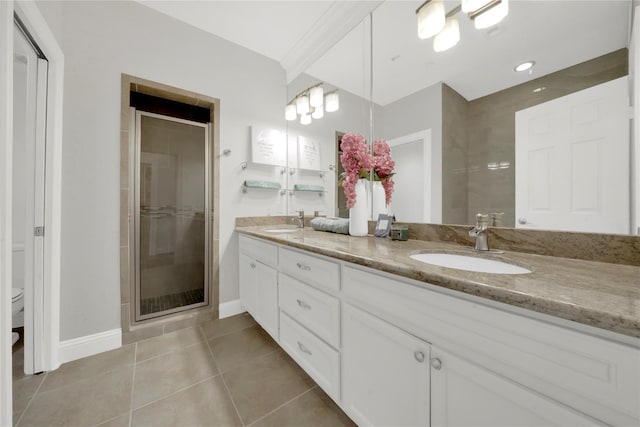 2609 Riverside Dr Unit C, Houston, TX 77004 - full bath featuring double vanity, toilet, a stall shower, baseboards, and tile patterned flooring