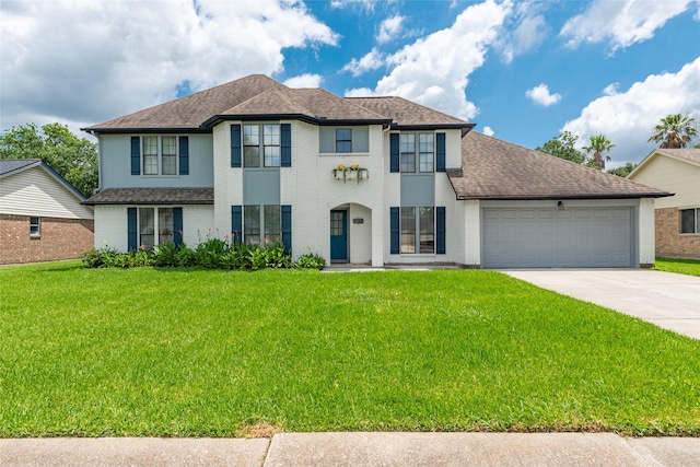 1402 Osborne Dr, Friendswood, TX 77546 - view of front of home with driveway, a garage, a front yard, roof with shingles, and brick siding