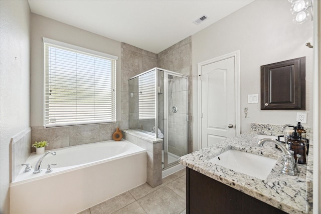 19426 Blueberry Cedar Dr, Cypress, TX 77433 - bathroom with a bath, a stall shower, vanity, and plenty of natural light