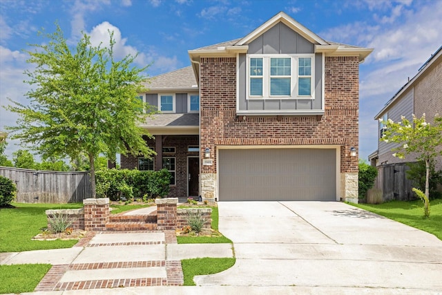 19426 Blueberry Cedar Dr, Cypress, TX 77433 - view of front facade with a garage, concrete driveway, board and batten siding, and brick siding