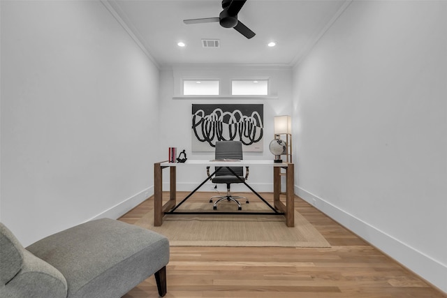 904 Willard St, Houston, TX 77006 - home office featuring crown molding, a ceiling fan, baseboards, wood finished floors, and recessed lighting