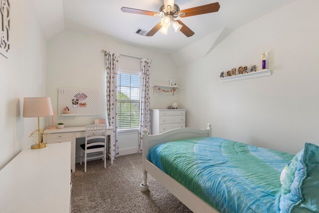 2678 Granite River Ln, Conroe, TX 77385 - carpeted bedroom with vaulted ceiling, ceiling fan, and baseboards