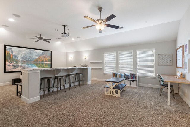 2678 Granite River Ln, Conroe, TX 77385 - office with light carpet, ceiling fan, baseboards, lofted ceiling, and recessed lighting