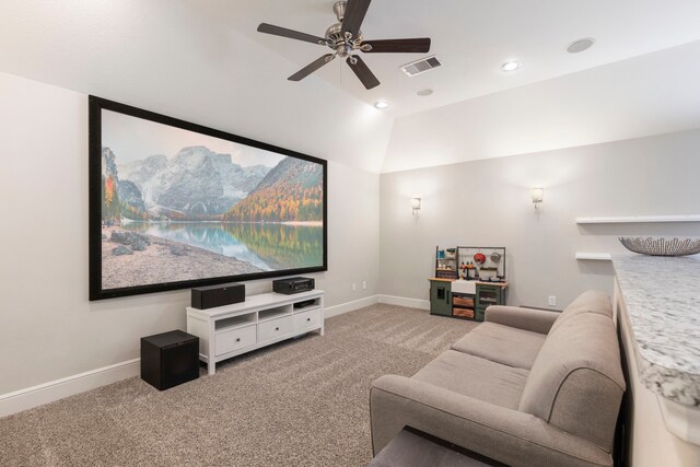 2678 Granite River Ln, Conroe, TX 77385 - cinema room featuring carpet, ceiling fan, baseboards, lofted ceiling, and recessed lighting