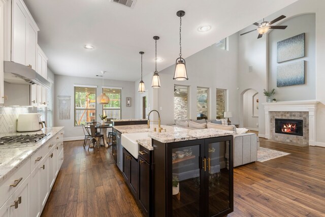 2678 Granite River Ln, Conroe, TX 77385 - kitchen with a sink, stainless steel gas stovetop, under cabinet range hood, white cabinetry, and dark wood-style floors