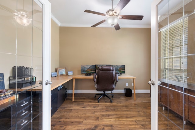 2678 Granite River Ln, Conroe, TX 77385 - office area with french doors, ornamental molding, dark wood-style floors, ceiling fan, and baseboards