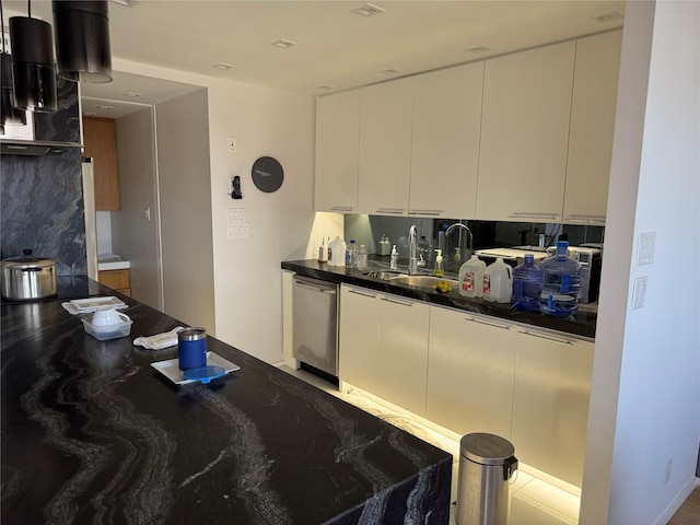 49 Briar Hollow Ln Unit 1201, Houston, TX 77027 - kitchen with stainless steel dishwasher, a sink, dark countertops, white cabinetry, and modern cabinets