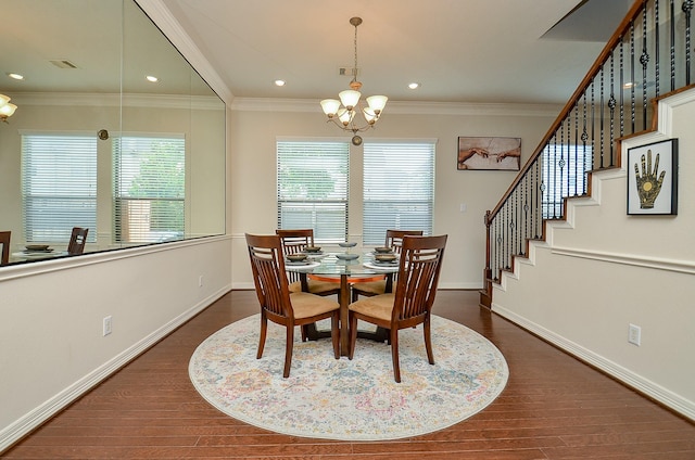 2918 Royal Oaks Grn, Houston, TX 77082 - dining area featuring a chandelier, ornamental molding, baseboards, dark wood-type flooring, and stairs
