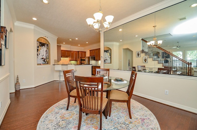 2918 Royal Oaks Grn, Houston, TX 77082 - dining area with a chandelier, dark wood-style floors, ceiling fan, recessed lighting, and baseboards