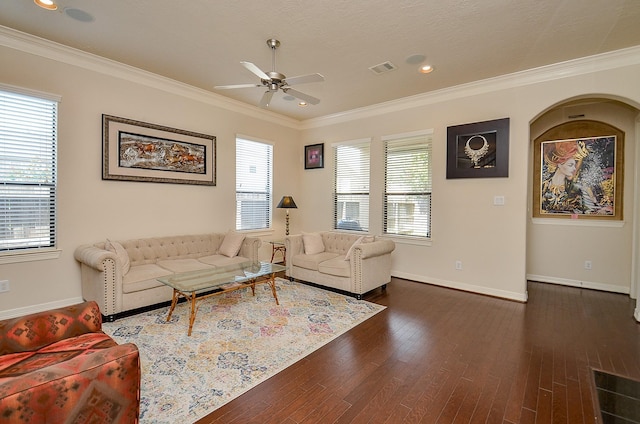 2918 Royal Oaks Grn, Houston, TX 77082 - living area with a ceiling fan, baseboards, dark wood-style flooring, crown molding, and recessed lighting
