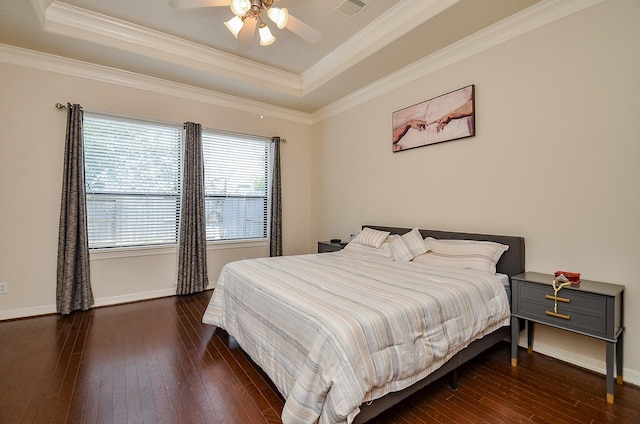 2918 Royal Oaks Grn, Houston, TX 77082 - bedroom featuring a raised ceiling, wood-type flooring, ornamental molding, baseboards, and a ceiling fan