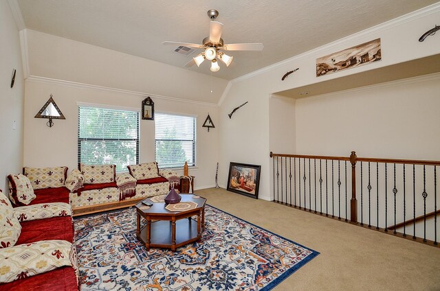 2918 Royal Oaks Grn, Houston, TX 77082 - living area with ceiling fan, carpet floors, lofted ceiling, crown molding, and baseboards