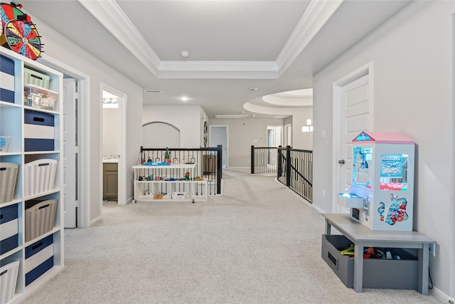 271 Bronze View Dr, Montgomery, TX 77316 - game room with crown molding, carpet flooring, a tray ceiling, and baseboards