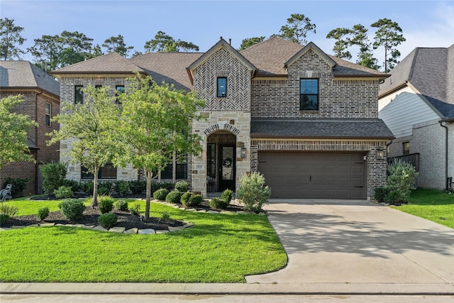271 Bronze View Dr, Montgomery, TX 77316 - french provincial home featuring brick siding, a garage, a front lawn, concrete driveway, and stone siding