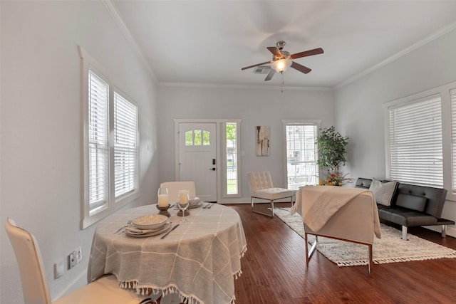 615 Allston St, Houston, TX 77007 - living area with dark wood-style floors, crown molding, and ceiling fan