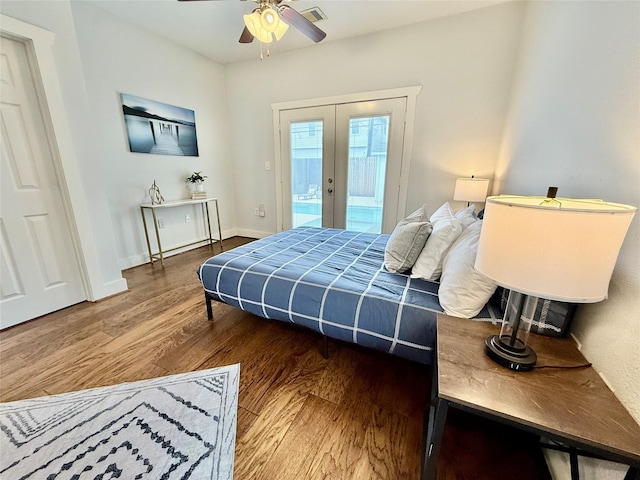 615 Allston St, Houston, TX 77007 - bedroom featuring french doors, access to exterior, wood finished floors, baseboards, and ceiling fan