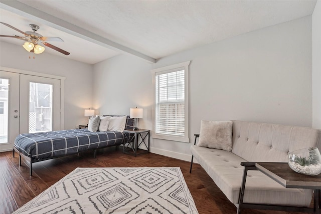 615 Allston St, Houston, TX 77007 - bedroom with access to outside, beam ceiling, dark wood-type flooring, baseboards, and ceiling fan