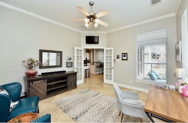 6002 Shady Birch Holw, Kingwood, TX 77345 - tiled home office with french doors, crown molding, ceiling fan, and baseboards