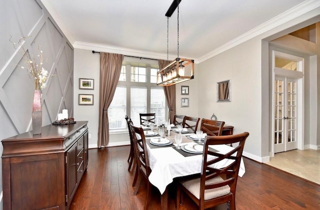 6002 Shady Birch Holw, Kingwood, TX 77345 - dining room with crown molding, baseboards, dark wood finished floors, and a chandelier