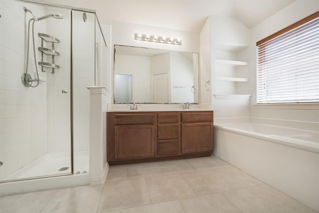 9609 Landon Lake Dr, Pearland, TX 77584 - bathroom with a stall shower, a garden tub, and tile patterned flooring