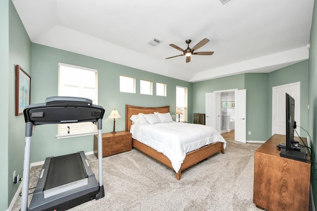 11401 Starlight Bay St, Pearland, TX 77584 - bedroom with baseboards, light colored carpet, ceiling fan, and ensuite bathroom