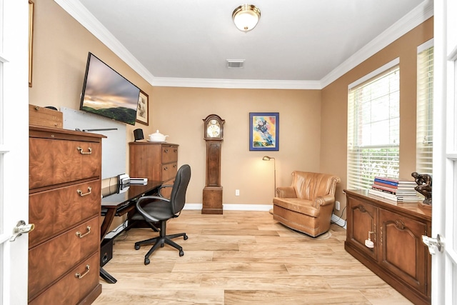 11401 Starlight Bay St, Pearland, TX 77584 - home office with ornamental molding, light wood-type flooring, and baseboards