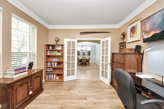 11401 Starlight Bay St, Pearland, TX 77584 - home office with french doors, crown molding, arched walkways, light wood-style floors, and a chandelier