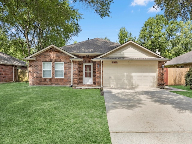 27097 Crown Chase Dr, Kingwood, TX 77339 - ranch-style home with concrete driveway, an attached garage, brick siding, and a shingled roof