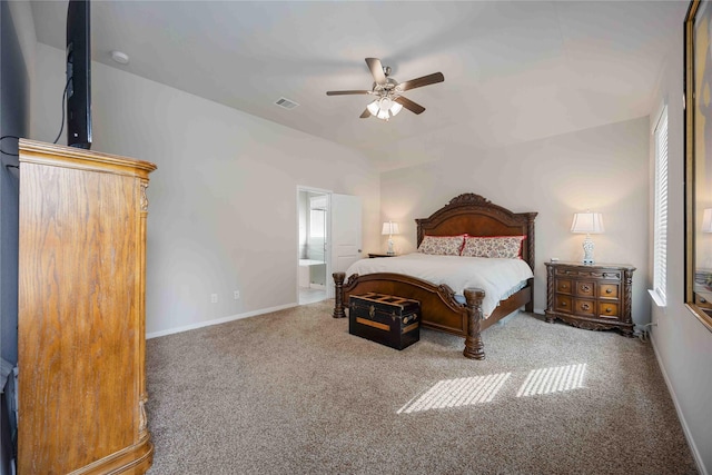 18219 Octavio Frias Trl, Houston, TX 77044 - bedroom featuring vaulted ceiling, carpet floors, ensuite bath, and ceiling fan