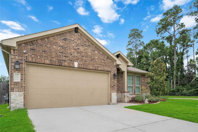 18219 Octavio Frias Trl, Houston, TX 77044 - ranch-style house with brick siding, a garage, concrete driveway, a front lawn, and stone siding