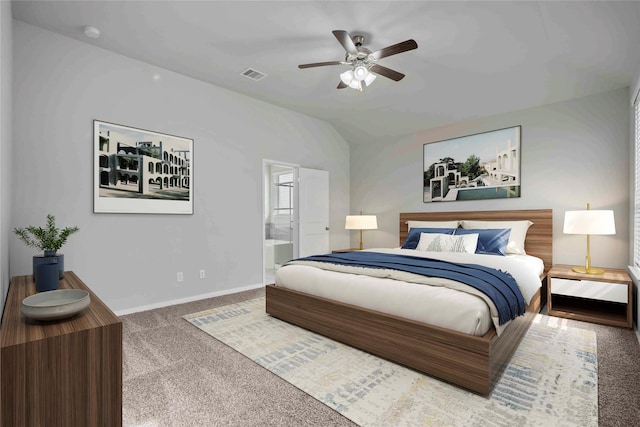 18219 Octavio Frias Trl, Houston, TX 77044 - carpeted bedroom with lofted ceiling, ensuite bathroom, and a ceiling fan