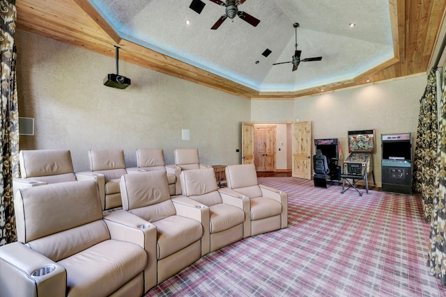 10002 Oxted Ln, Spring, TX 77379 - carpeted home theater with a ceiling fan, baseboards, high vaulted ceiling, and a textured wall
