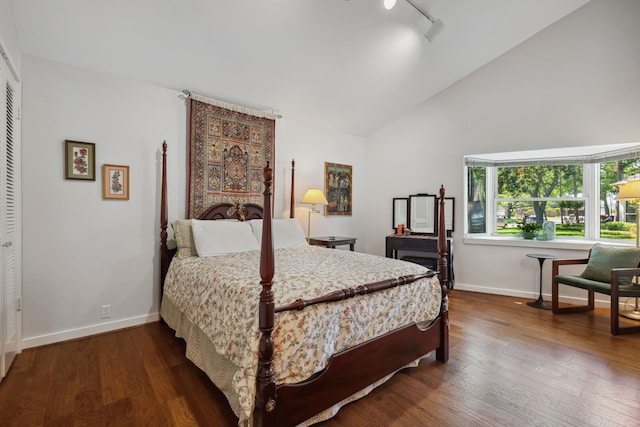 10318 Pine Forest Rd, Houston, TX 77042 - bedroom with wood finished floors, baseboards, rail lighting, and high vaulted ceiling