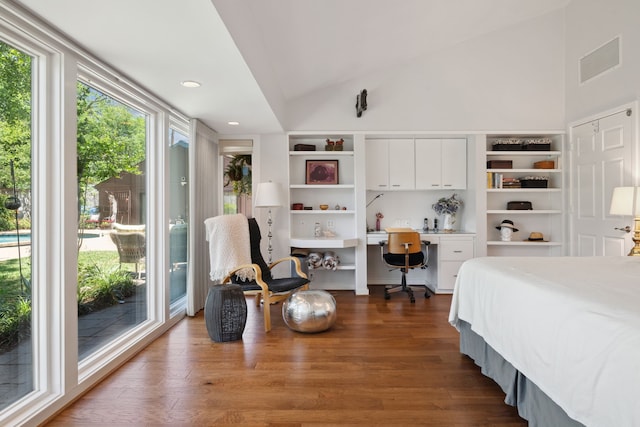 10318 Pine Forest Rd, Houston, TX 77042 - bedroom featuring dark wood-type flooring, high vaulted ceiling, and recessed lighting