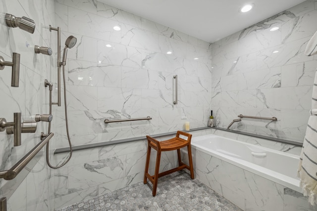 10318 Pine Forest Rd, Houston, TX 77042 - full bath featuring a bath, a marble finish shower, tile walls, and recessed lighting