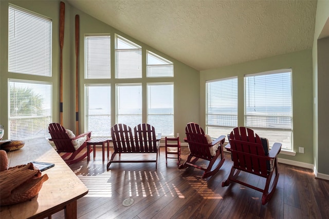 131 Isles End Rd, Tiki Island, TX 77554 - living area featuring a textured ceiling, dark wood-style floors, plenty of natural light, high vaulted ceiling, and baseboards