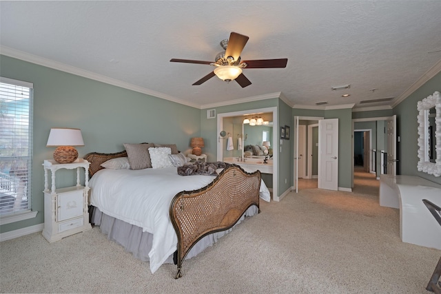 131 Isles End Rd, Tiki Island, TX 77554 - bedroom featuring baseboards, light colored carpet, a ceiling fan, connected bathroom, and ornamental molding