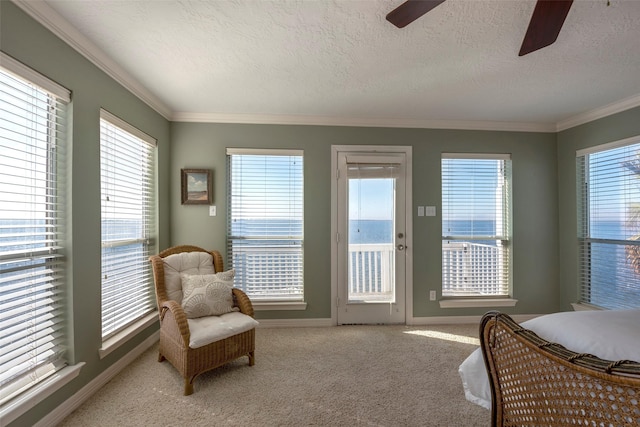131 Isles End Rd, Tiki Island, TX 77554 - living area featuring a ceiling fan, baseboards, plenty of natural light, carpet floors, and crown molding