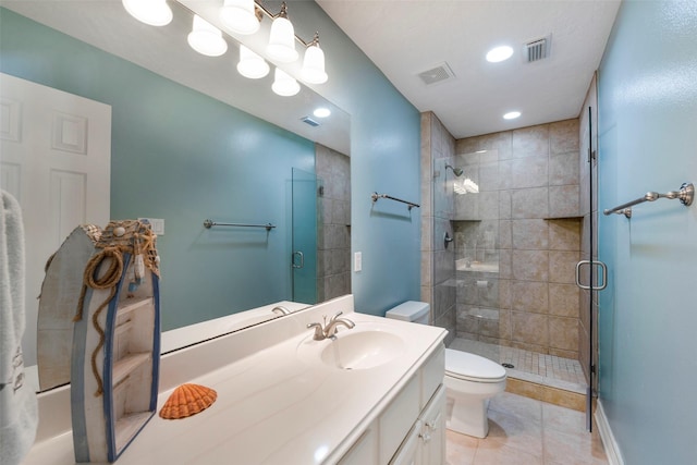 131 Isles End Rd, Tiki Island, TX 77554 - bathroom with toilet, tile patterned floors, vanity, a shower stall, and recessed lighting