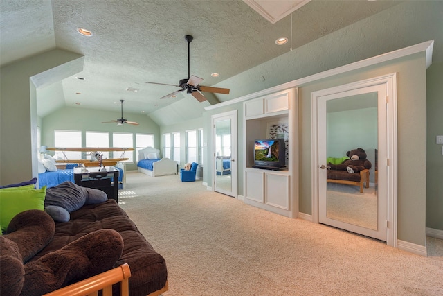 131 Isles End Rd, Tiki Island, TX 77554 - carpeted living area featuring lofted ceiling, ceiling fan, baseboards, a textured ceiling, and recessed lighting