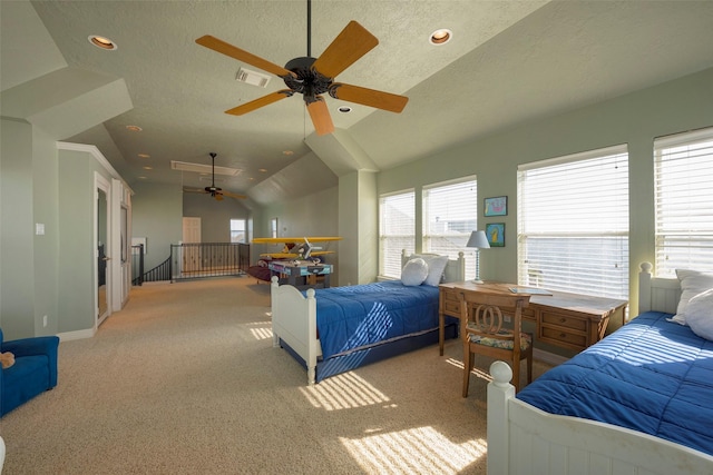 131 Isles End Rd, Tiki Island, TX 77554 - bedroom featuring light carpet, vaulted ceiling, a textured ceiling, recessed lighting, and baseboards