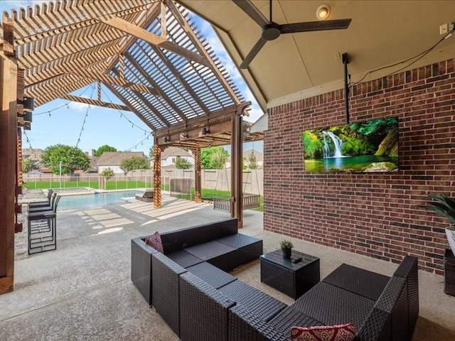 17806 Creek Bluff Ln, Cypress, TX 77433 - view of patio featuring a pergola, a ceiling fan, and an outdoor hangout area