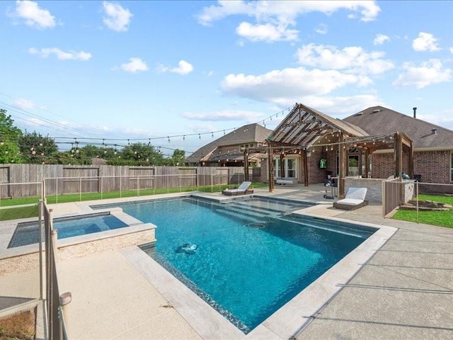 17806 Creek Bluff Ln, Cypress, TX 77433 - view of swimming pool with a patio area, a fenced backyard, a pergola, and a pool with connected hot tub